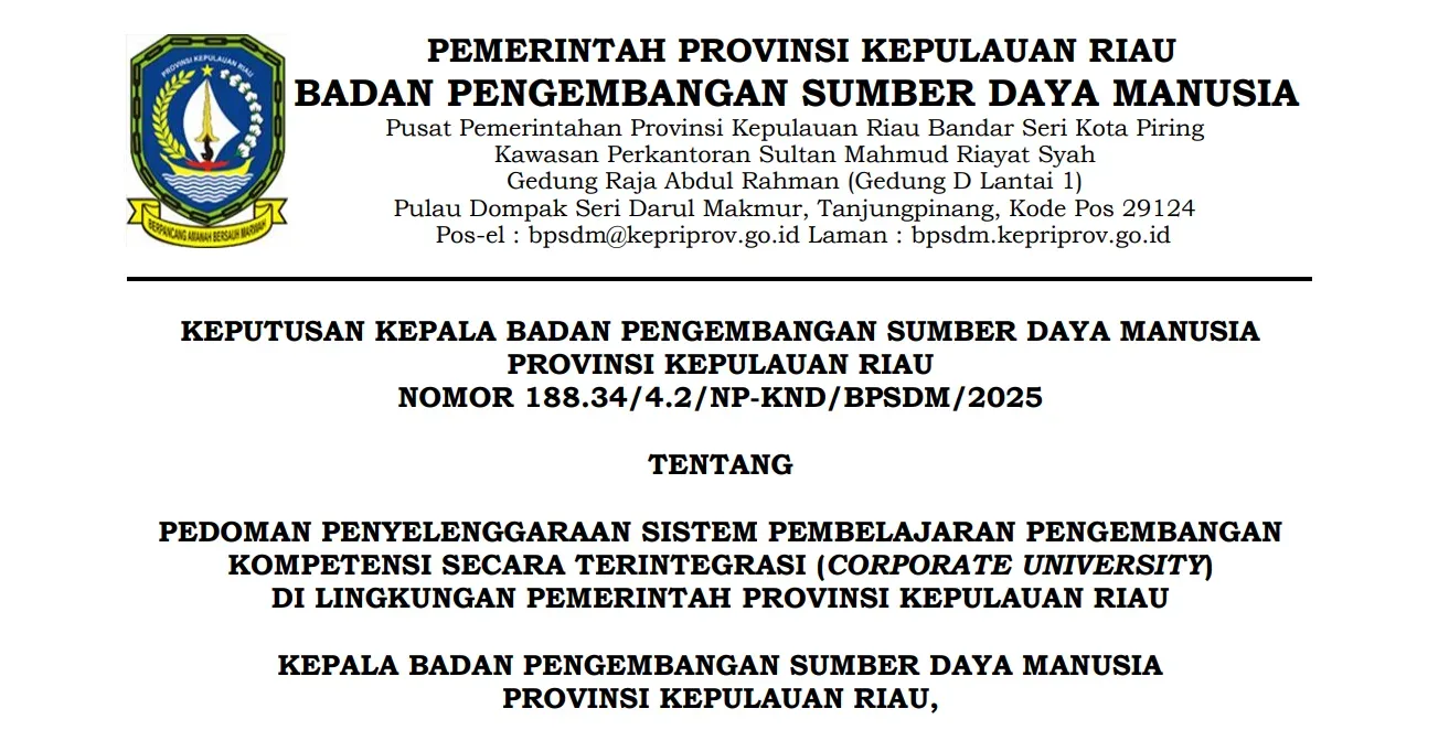Sampul KEPUTUSAN KEPALA BADAN PENGEMBANGAN SUMBER DAYA MANUSIA PROVINSI KEPULAUAN RIAU NOMOR 188.34/4.2/NP-KND/BPSDM/2025